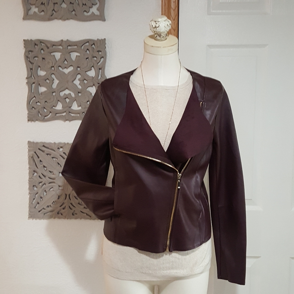 Burgundy Faux Leather Moto Jacket